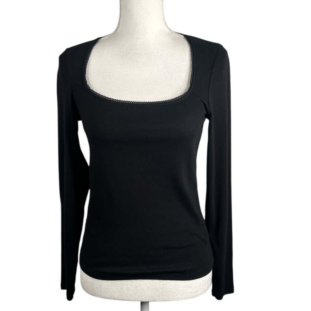 Old Navy Black‎ Y2K 90's Square Neck Long Sleeve Scallop Lace Top Size Medium